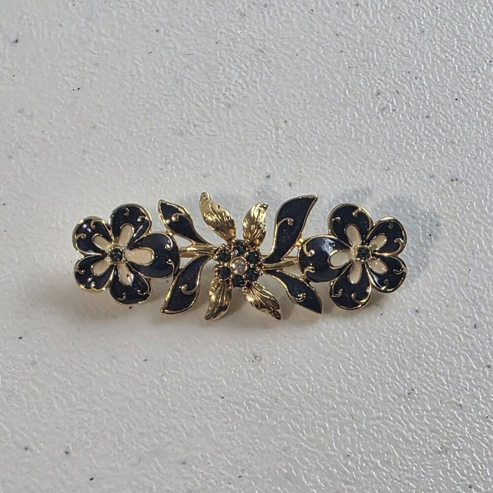 Vtg Signed Joan Rivers Brooch Pin Navy Blue Enamel Gold Tone Flowers Crystals